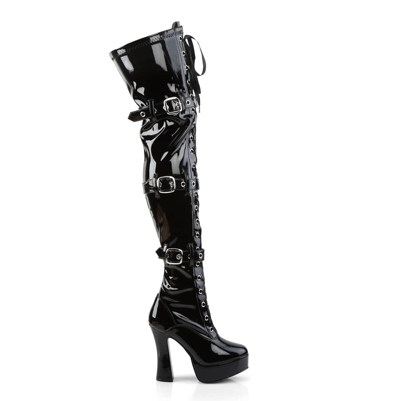 Pleaser ELECTRA-3028 Platform Thigh High Boot (Black Stretch Patent)