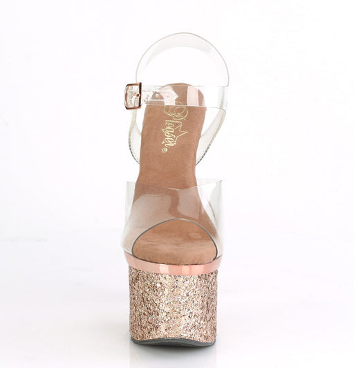 Pleaser ESTEEM-708CHLG Platform Sandal (Clear/Rose Gold Chrome-Multi Glitter)