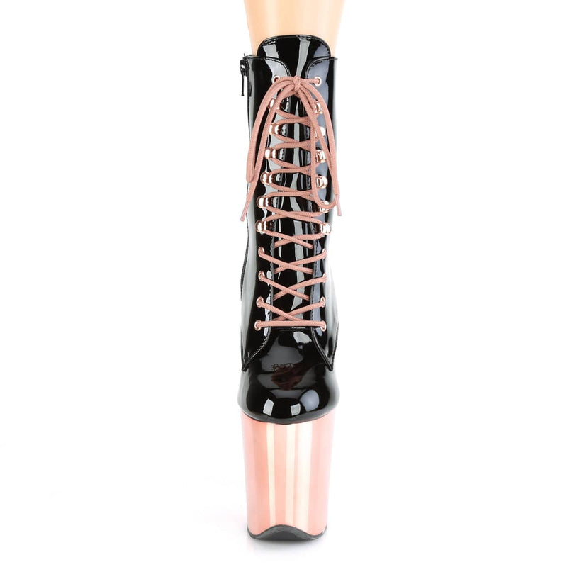 Pleaser FLAMINGO-1020 Platform Ankle Boot (Black Patent/Rose Gold Chrome)