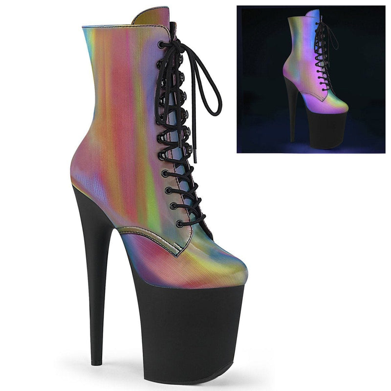 Pleaser FLAMINGO-1020REFL Platform Ankle Boot (Rainbow Reflective/Black Matte)
