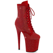 Pleaser FLAMINGO-1020RM Platform Ankle Boot (Red Faux Suede-Rhinestone Mesh/Red Matte)