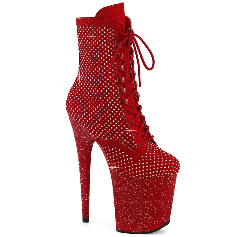 Pleaser FLAMINGO-1020RM Platform Ankle Boot (Red Faux Suede-Rhinestone Mesh/Red Matte)