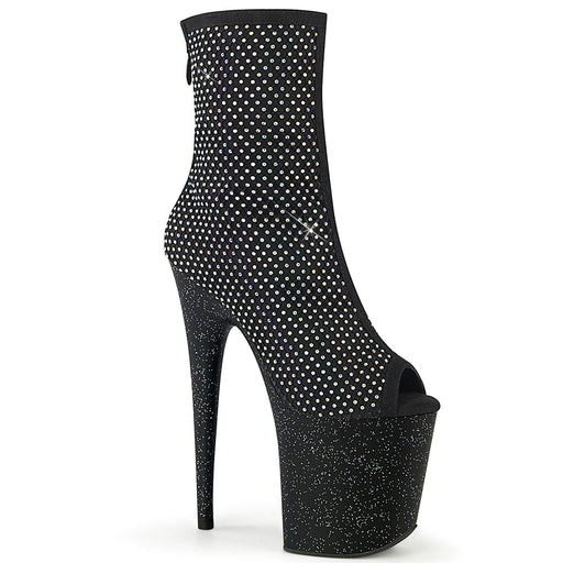 Pleaser FLAMINGO-1031GM Platform Ankle Boot (Black Fabric-Rhinestone Mesh/Black Matte)