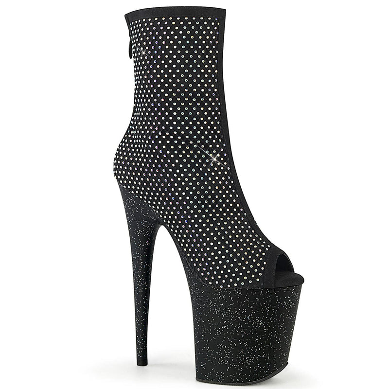 Pleaser FLAMINGO-1031GM Platform Ankle Boot (Black Fabric-Rhinestone Mesh/Black Matte)