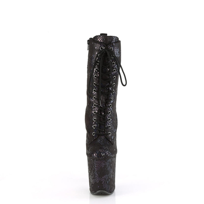 Pleaser FLAMINGO-1040SPF Platform Ankle Boot (Black Oil Slick Metallic Snake Print Fabric/M)