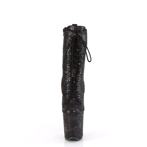 Pleaser FLAMINGO-1040SPF Platform Ankle Boot (Black Oil Slick Metallic Snake Print Fabric/M)