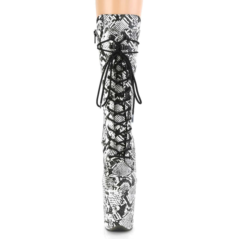 Pleaser FLAMINGO-1050SP Platform Mid-Calf Boot (Black-White Snake Print/Black-White Snake Print)