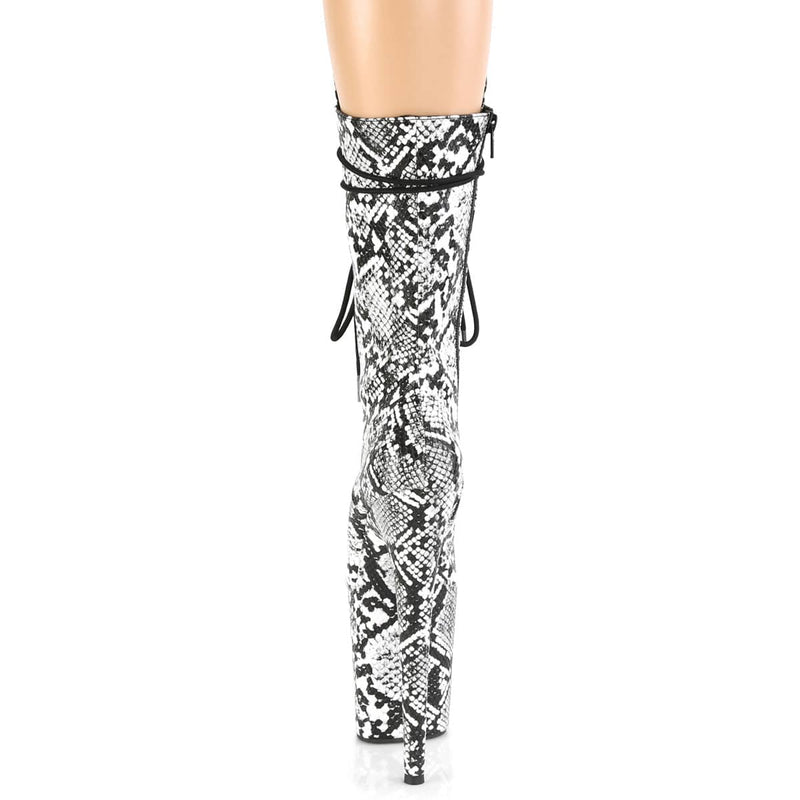Pleaser FLAMINGO-1050SP Platform Mid-Calf Boot (Black-White Snake Print/Black-White Snake Print)