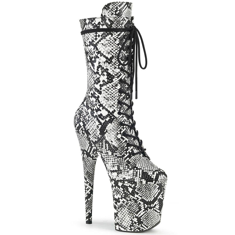 Pleaser FLAMINGO-1050SP Platform Mid-Calf Boot (Black-White Snake Print/Black-White Snake Print)