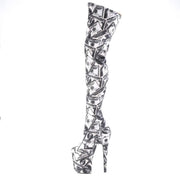 Pleaser FLAMINGO-3000DP Platform Thigh High Boot (White-Black Stretch Fabric/White-Black Fabric)
