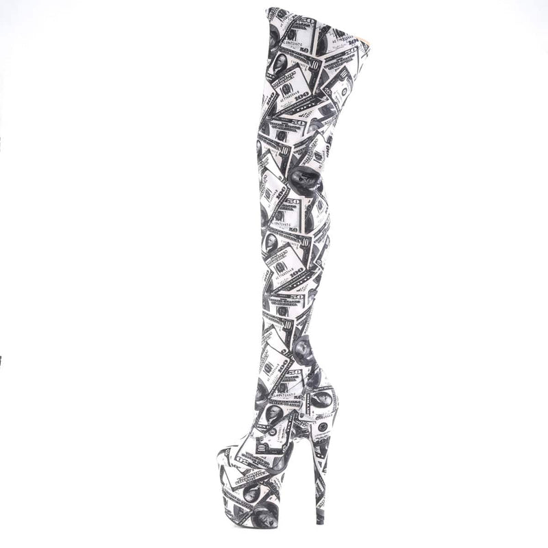 Pleaser FLAMINGO-3000DP Platform Thigh High Boot (White-Black Stretch Fabric/White-Black Fabric)