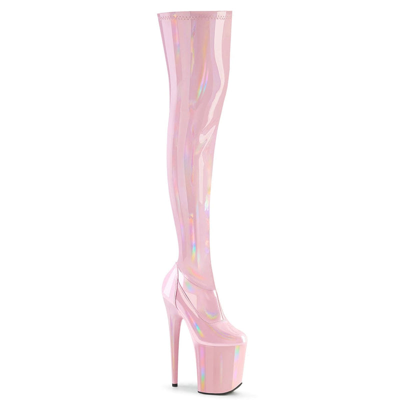 Pleaser FLAMINGO-3000HWR Platform Thigh High Boot (Baby Pink Stretch Holo/Baby Pink Holo)