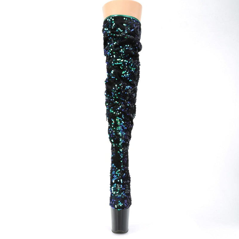 Pleaser FLAMINGO-3004 Platform Thigh High Boot (Green Iridescent Sequins/Black)