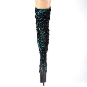 Pleaser FLAMINGO-3004 Platform Thigh High Boot (Green Iridescent Sequins/Black)