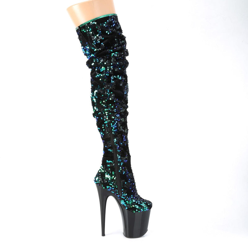 Pleaser FLAMINGO-3004 Platform Thigh High Boot (Green Iridescent Sequins/Black)