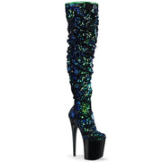 Pleaser FLAMINGO-3004 Platform Thigh High Boot (Green Iridescent Sequins/Black)