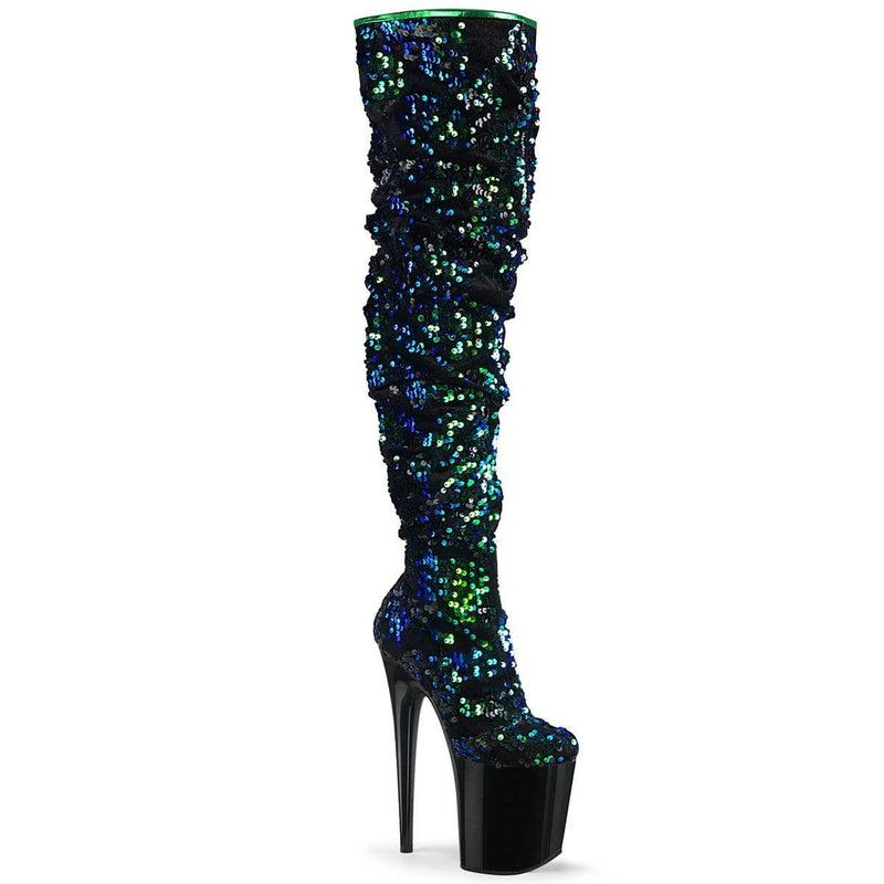Pleaser FLAMINGO-3004 Platform Thigh High Boot (Green Iridescent Sequins/Black)