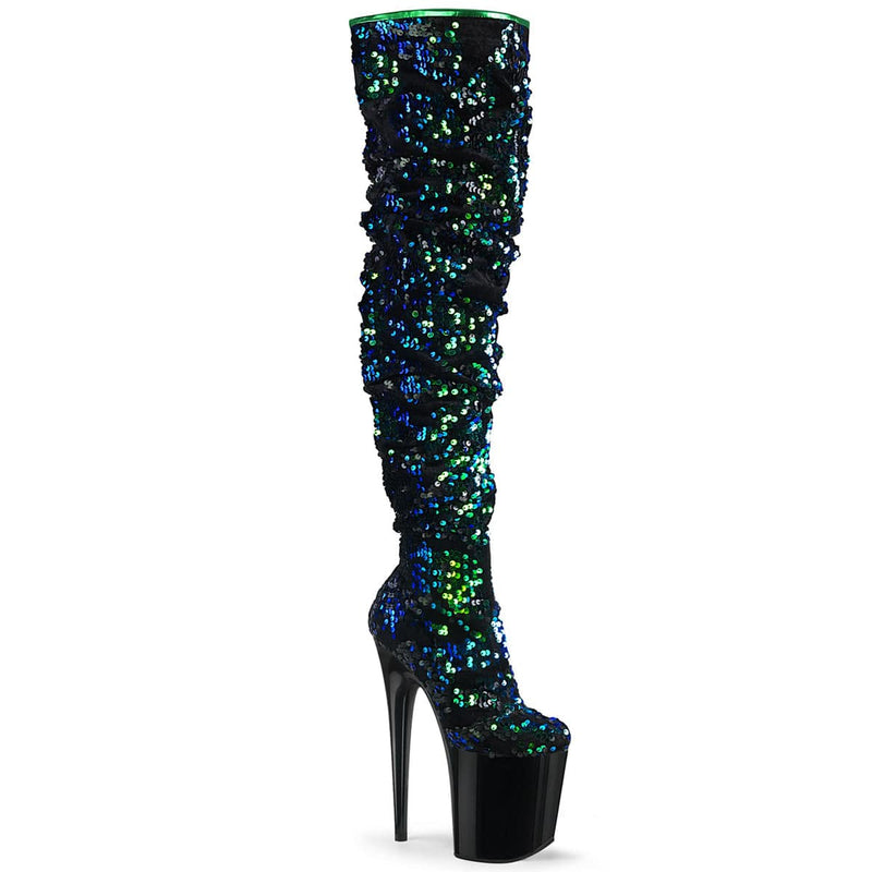Pleaser FLAMINGO-3004 Platform Thigh High Boot (Green Iridescent Sequins/Black)