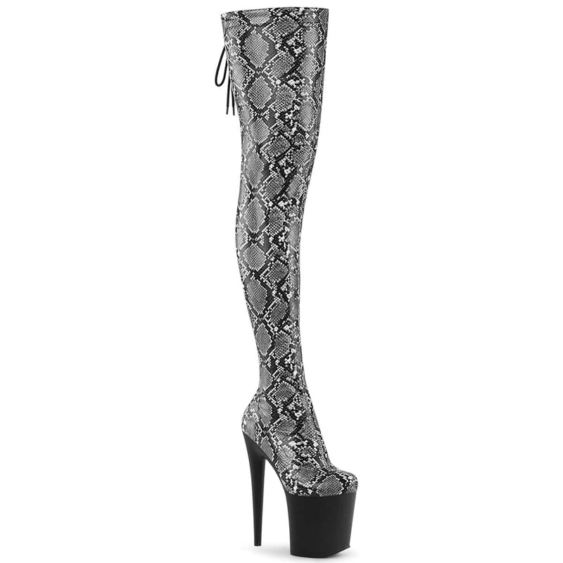 Pleaser FLAMINGO-3008SP-BT Platform Thigh High Boot (Grey-Black Snake Print/Black Matte)