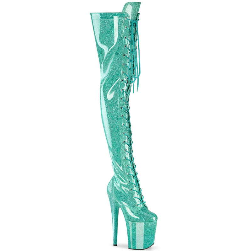 Pleaser FLAMINGO-3020GP Platform Thigh High Boot (Aqua Glitter Patent/M)