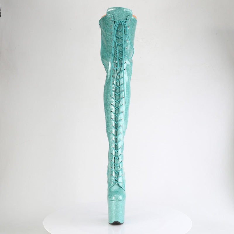 Pleaser FLAMINGO-3020GP Platform Thigh High Boot (Aqua Glitter Patent/M)