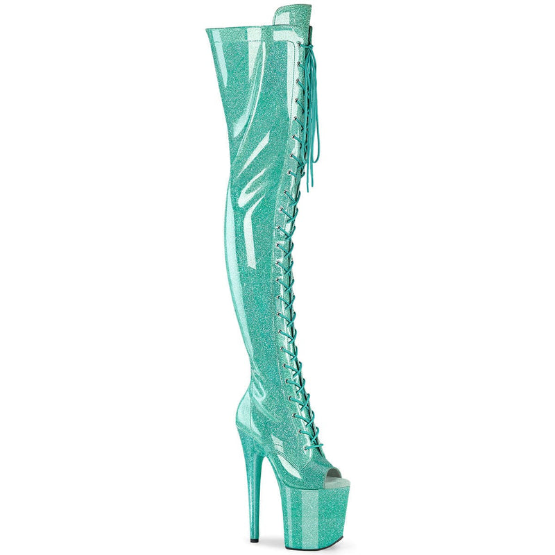Pleaser FLAMINGO-3021GP Platform Thigh High Boot (Aqua Glitter Patent/M)