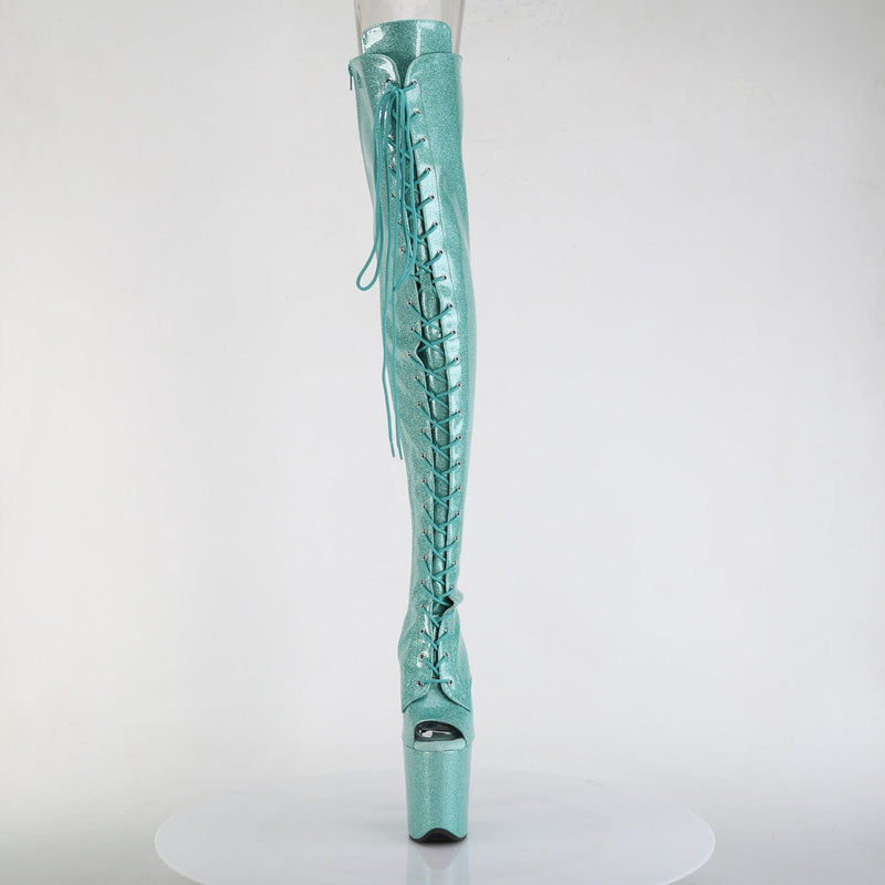 Pleaser FLAMINGO-3021GP Platform Thigh High Boot (Aqua Glitter Patent/M)