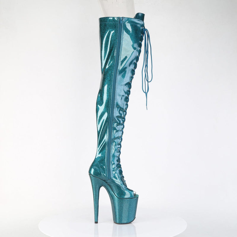 Pleaser FLAMINGO-3021GP Platform Thigh High Boot (Teal Glitter Patent/M)