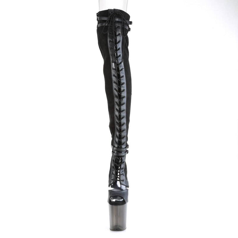 Pleaser FLAMINGO-3027 Platform Thigh High Boot (Black Faux Suede-Faux Leather/Frosted Black)