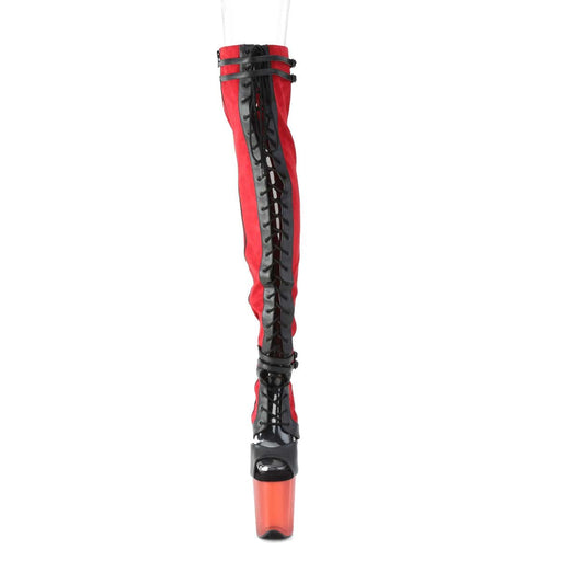 Pleaser FLAMINGO-3027 Platform Thigh High Boot (Red Faux Suede-Black Faux Leather/Frosted Red)