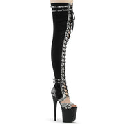 Pleaser FLAMINGO-3027SP Platform Thigh High Boot (Black Faux Suede-Snake Print Faux Le./Black Matte)