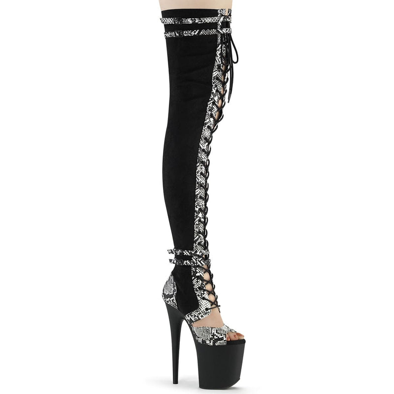 Pleaser FLAMINGO-3027SP Platform Thigh High Boot (Black Faux Suede-Snake Print Faux Le./Black Matte)