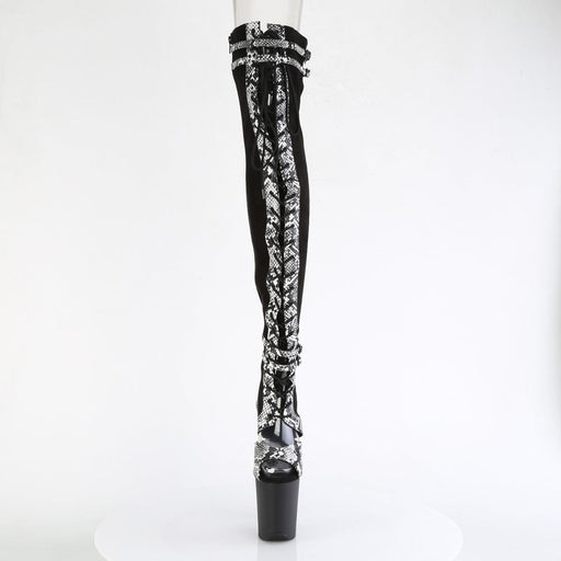 Pleaser FLAMINGO-3027SP Platform Thigh High Boot (Black Faux Suede-Snake Print Faux Le./Black Matte)
