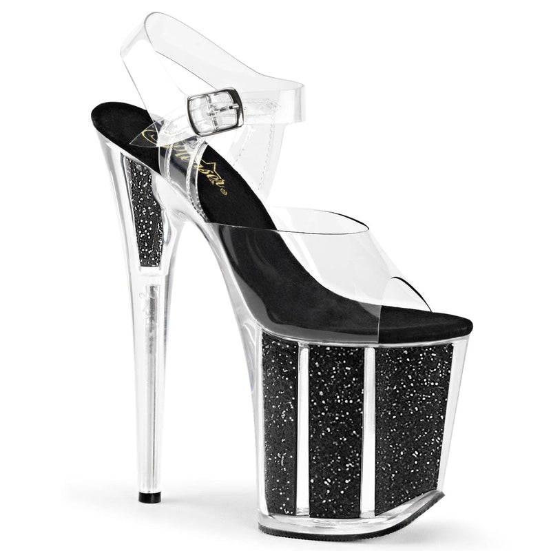 Pleaser FLAMINGO-808G Platform Sandal (Clear/Black Glitter)