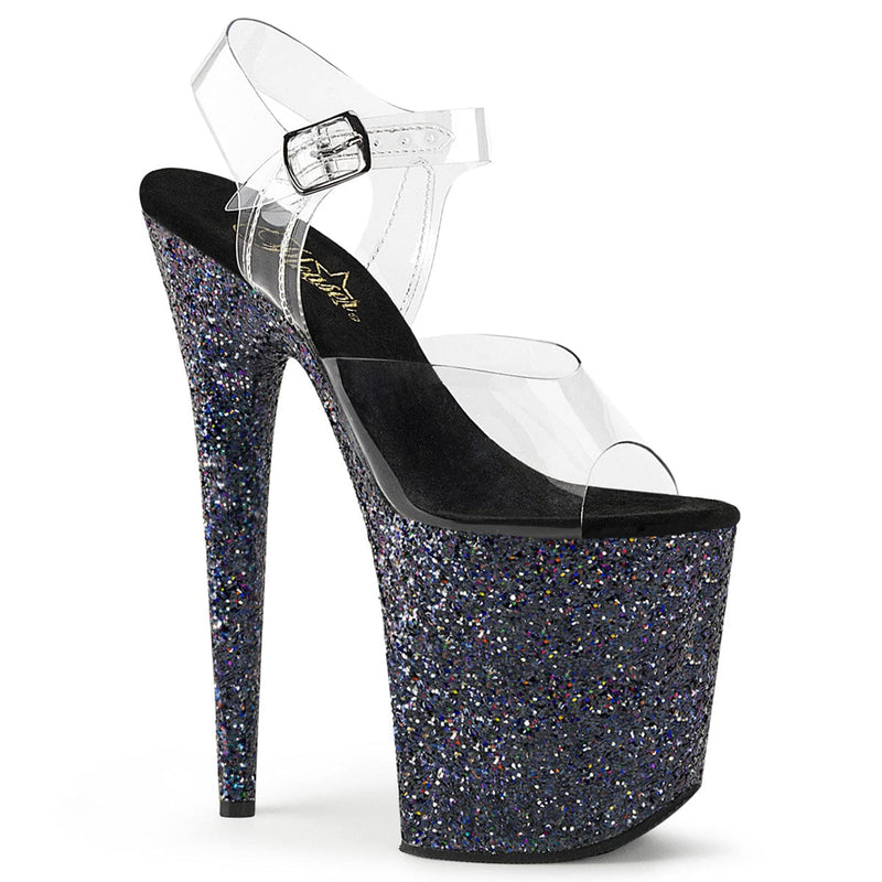 Pleaser FLAMINGO-808LG Platform Sandal (Clear/Black Multi Glitter)