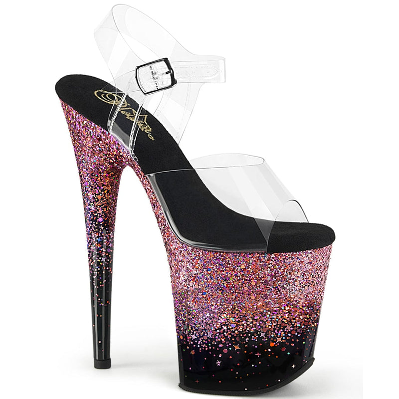 Pleaser FLAMINGO-808SS Platform Sandal (Clear/Black-Pink Multi Glitter)