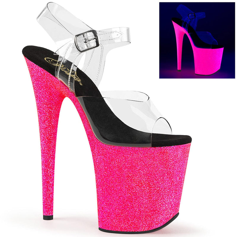 Pleaser FLAMINGO-808UVG Platform Sandal (Clear/Neon Hot Pink Glitter)