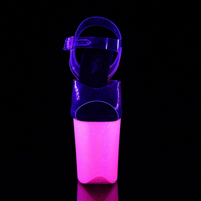 Pleaser FLAMINGO-808UVG Platform Sandal (Clear/Neon Hot Pink Glitter)