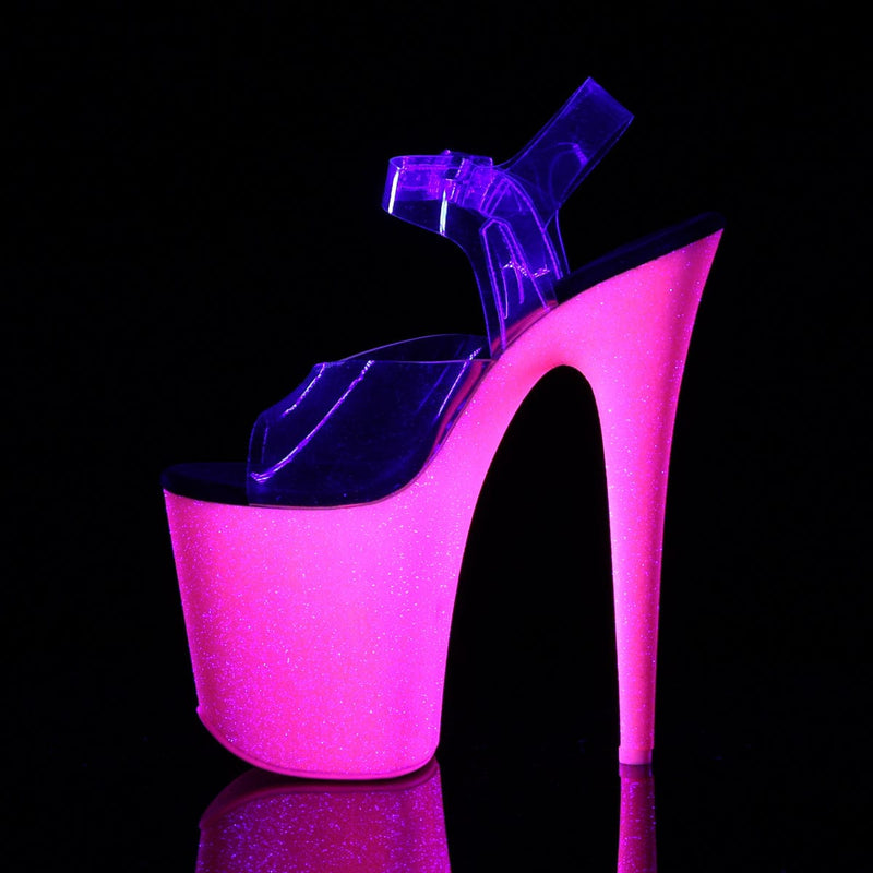 Pleaser FLAMINGO-808UVG Platform Sandal (Clear/Neon Hot Pink Glitter)