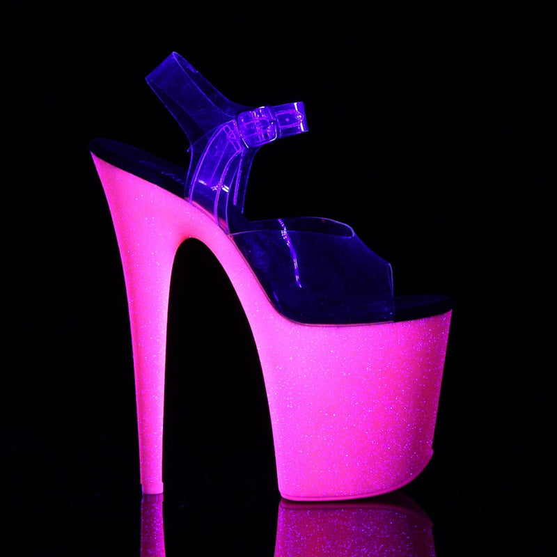 Pleaser FLAMINGO-808UVG Platform Sandal (Clear/Neon Hot Pink Glitter)