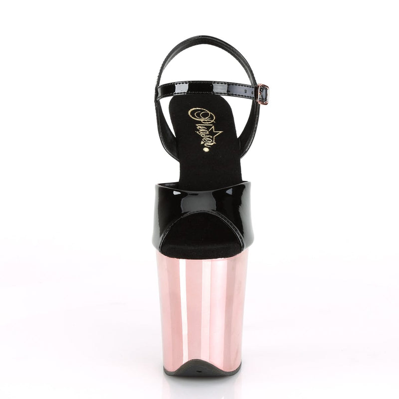 Pleaser FLAMINGO-809 Platform Sandal (Black Patent/Rose Gold Chrome)