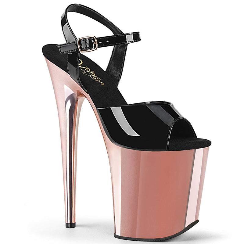 Pleaser FLAMINGO-809 Platform Sandal (Black Patent/Rose Gold Chrome)
