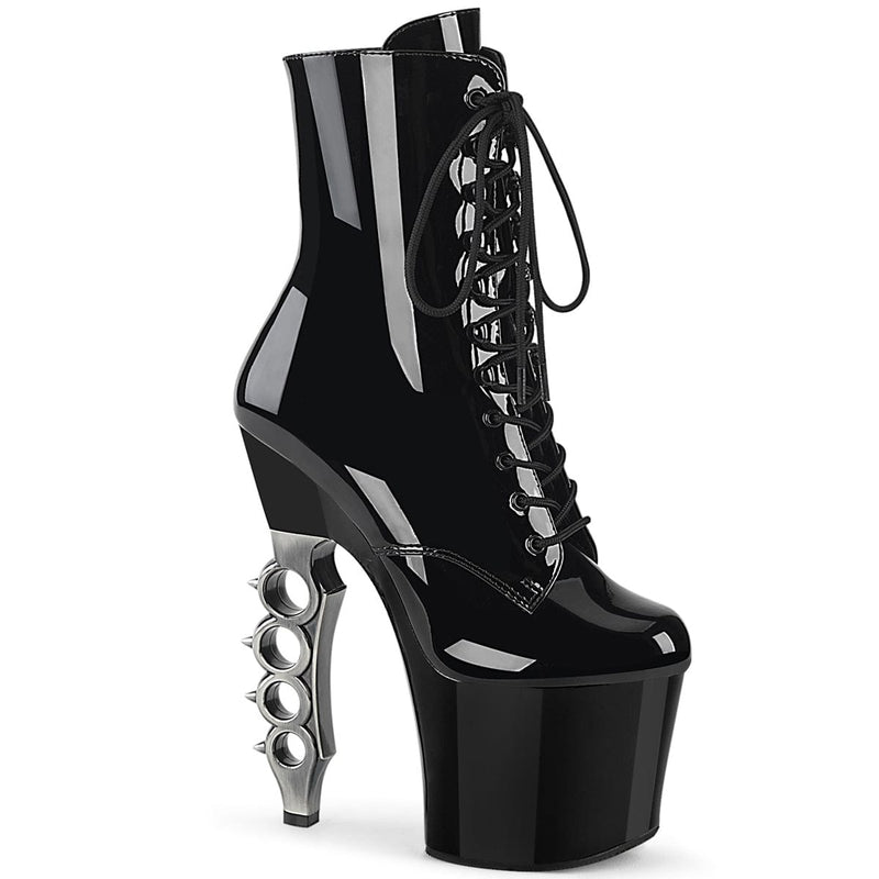 Pleaser IRONGRIP-1020 Platform Ankle Boot (Black Patent/Black-Silver Brushed)