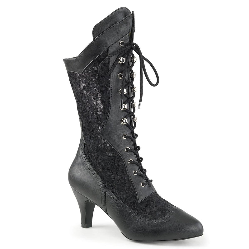 Pleaser Pink Label DIVINE-1050 Mid-Calf Boot (Black Faux Leather-Satin Lace)