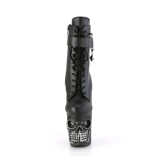 Pleaser RAPTURE-1020STR-LT Platform Ankle Boot (Black Faux Leather/Black Matte-Rubbed Silver)
