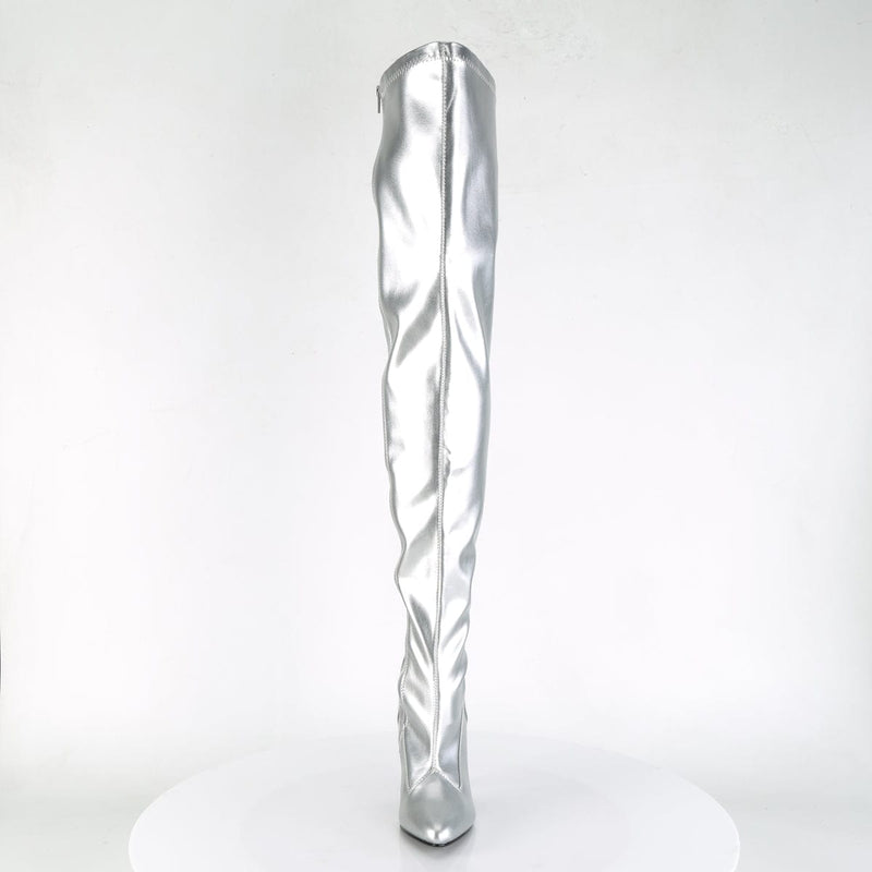 Pleaser SEDUCE-3000 Thigh High Boot (Silver Stretch Faux Leather)