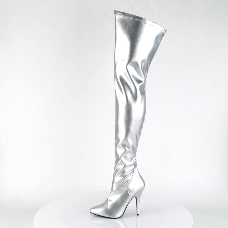 Pleaser SEDUCE-3000 Thigh High Boot (Silver Stretch Faux Leather)