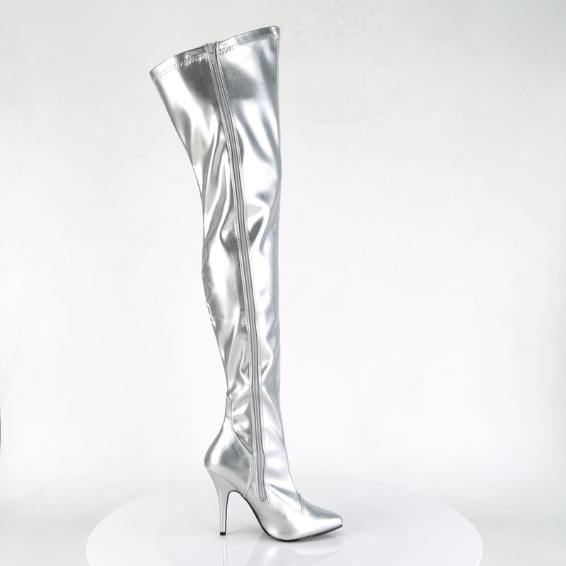 Pleaser SEDUCE-3000 Thigh High Boot (Silver Stretch Faux Leather)
