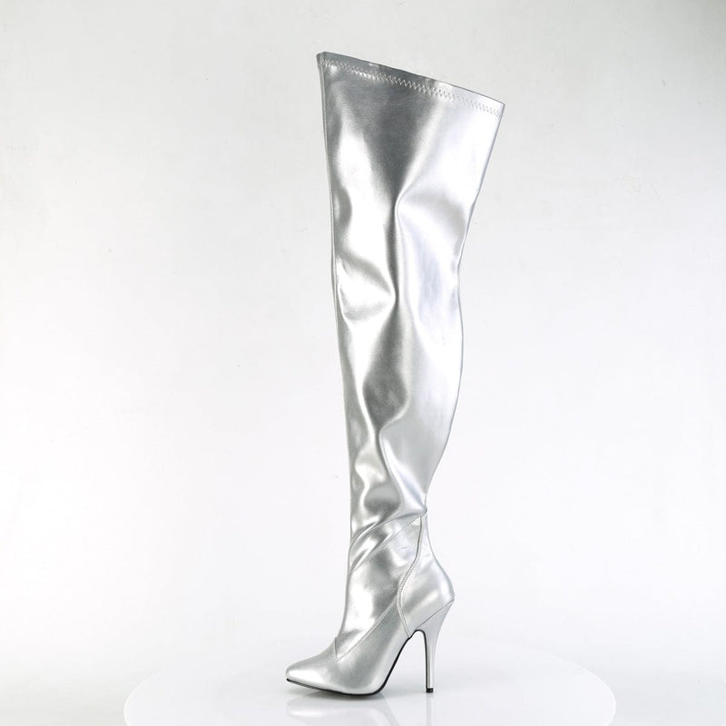 Pleaser SEDUCE-3000WC Platform Thigh High Boot (Silver Stretch Metallic Pu)