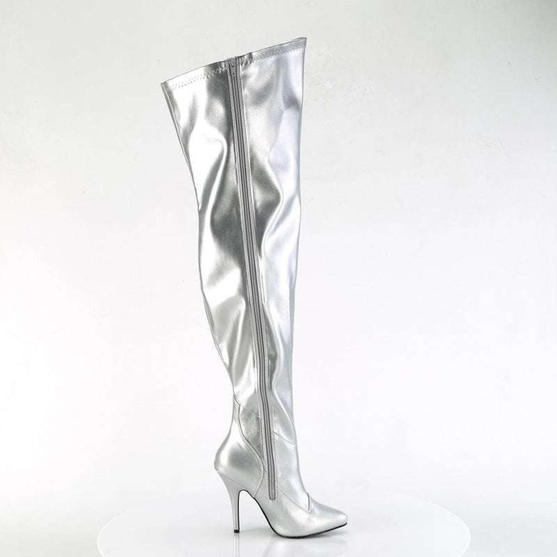 Pleaser SEDUCE-3000WC Platform Thigh High Boot (Silver Stretch Metallic Pu)